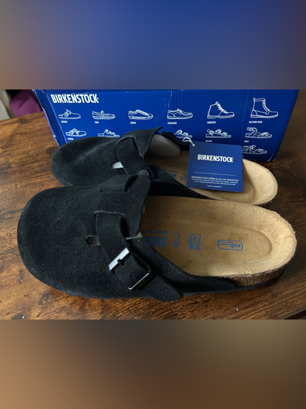Birkenstock Black Suede Slip-On Clogs with Buckle